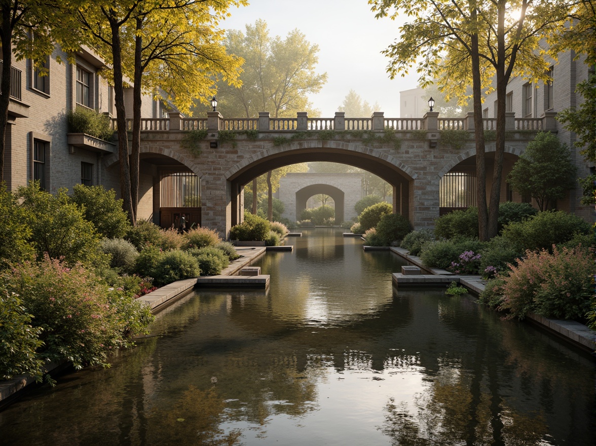 Prompt: Ancient stone bridges, ornate balustrades, rustic arches, weathered stonework, moss-covered piers, tranquil water reflections, serene riverbanks, lush greenery, vibrant flowers, historic lamp posts, decorative ironwork, grandiose entranceways, symmetrical composition, warm golden lighting, soft misty atmosphere, 1/2 composition, realistic textures, ambient occlusion.