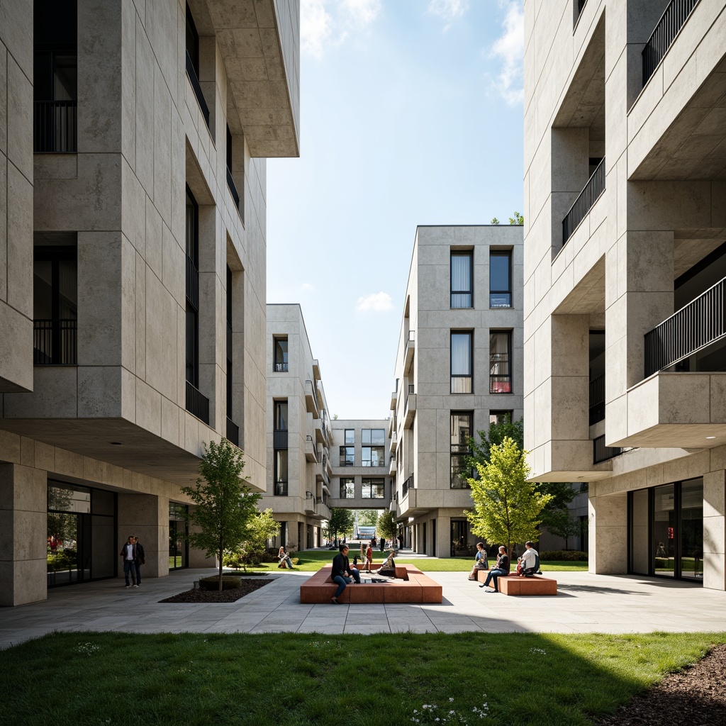 Prompt: Rugged concrete buildings, brutalist architecture, open plazas, sprawling green lawns, abstract sculptures, modern art installations, industrial-style benches, exposed ductwork, raw concrete textures, dramatic shading, harsh overhead lighting, 1/1 composition, symmetrical framing, bold color accents, urban landscape, educational signage, pedestrian walkways, bike racks, minimalist landscaping, functional water features, angular staircases, cantilevered structures.