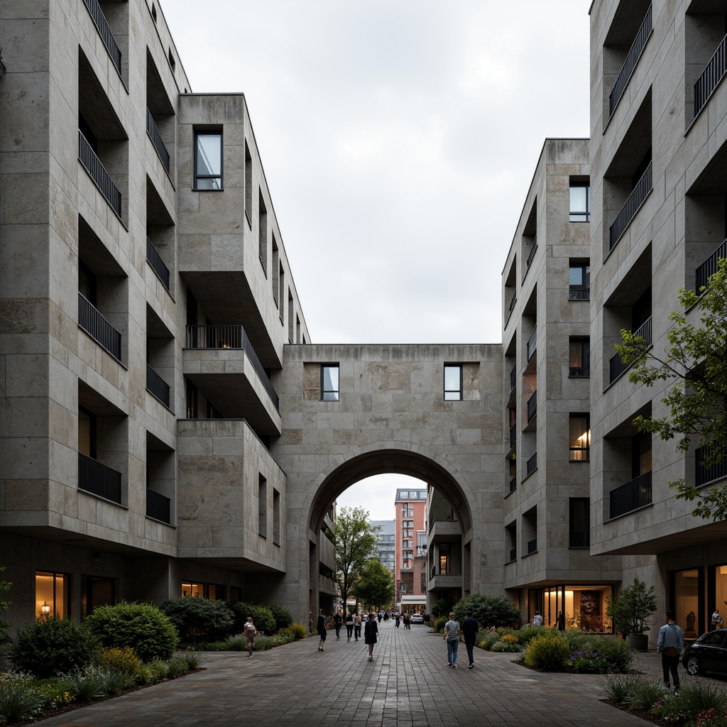 Prompt: Rugged university campus, brutalist architecture, raw concrete facades, fortress-like buildings, geometric shapes, industrial materials, metallic accents, bold color schemes, abstract sculptures, urban landscape, overcast sky, dramatic shadows, high-contrast lighting, 1/1 composition, symmetrical framing, realistic textures, ambient occlusion.