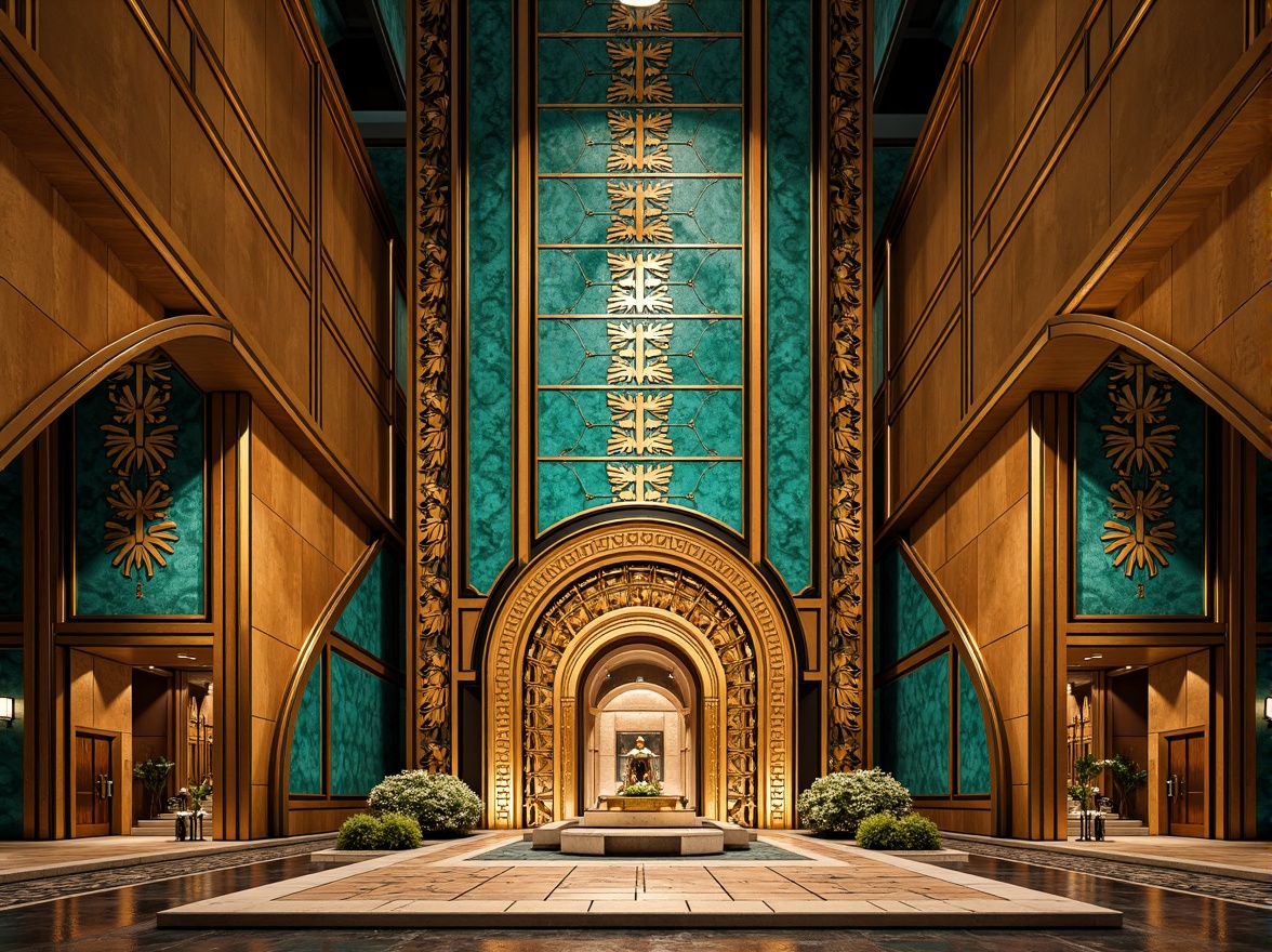 Prompt: Opulent Art Deco monument, lavish golden accents, rich bronze tones, vibrant turquoise mosaics, geometric patterns, ornate metalwork, luxurious marble surfaces, bold black outlines, stylized floral motifs, sunburst designs, zigzag patterns, metallic sheen, warm ambient lighting, shallow depth of field, 1/1 composition, symmetrical framing, high-contrast colors, intricate textures, realistic reflections.