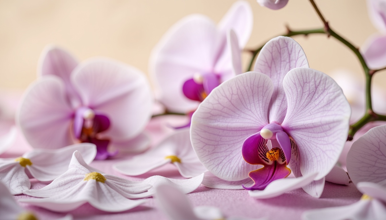 Prompt: Exquisite orchid-inspired color palette, soft pastel hues, delicate petals, subtle sheen, luxurious velvet textures, rich jewel tones, elegant gold accents, sophisticated modern design, refined minimalist aesthetic, creamy whites, blush pinks, lavender whispers, powder blues, mauve undertones, warm beige backgrounds, natural light, shallow depth of field, 1/1 composition, realistic renderings, ambient occlusion.