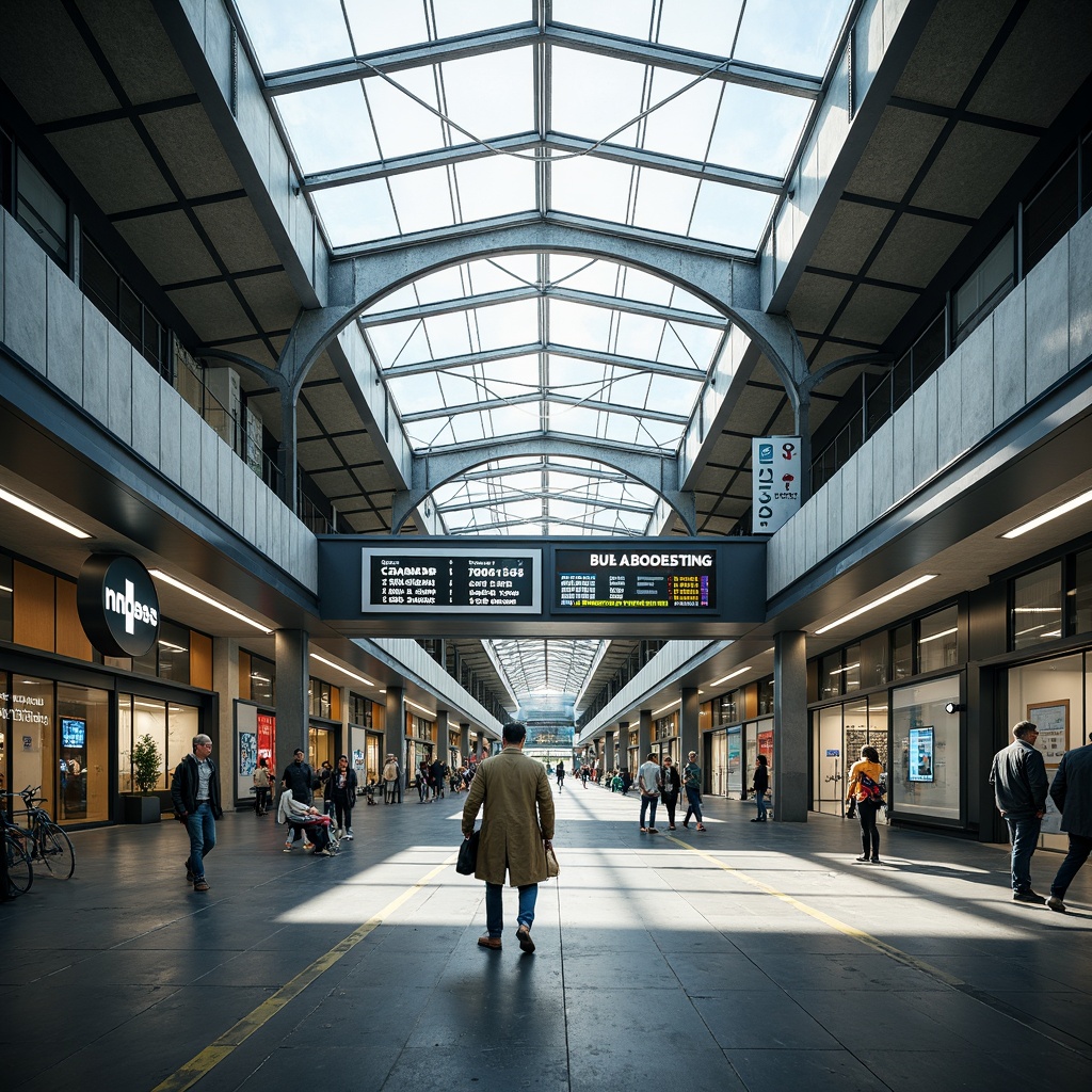 Prompt: Modern bus station interior, sleek metal framework, glass roofs, natural light pouring in, efficient passenger flow, clear signage, digital displays, comfortable seating areas, ample legroom, charging stations, minimalist decor, industrial-style flooring, urban atmosphere, busy morning commute, soft overhead lighting, shallow depth of field, 1/1 composition, realistic textures, ambient occlusion.