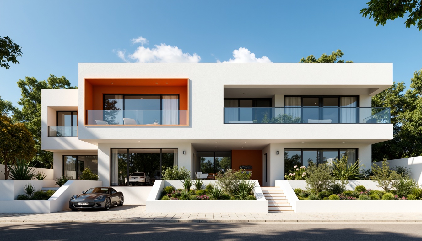 Prompt: Geometric villa facade, rectangular forms, clean lines, minimal ornamentation, functional simplicity, white stucco walls, large windows, horizontal bands, steel frames, cantilevered roofs, asymmetrical compositions, bold color accents, industrial materials, urban landscape, sunny day, high contrast lighting, deep depth of field, 2/3 composition, architectural photography, realistic textures, ambient occlusion.