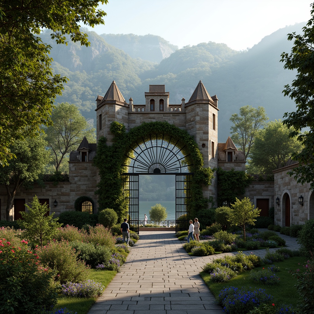 Prompt: Rustic stone walls, ivy-covered facades, grand entrance gates, ornate ironwork, stained glass windows, turrets and towers, asymmetrical compositions, natural stone pathways, lush greenery, blooming flowers, misty morning atmosphere, soft warm lighting, shallow depth of field, 3/4 composition, panoramic view, realistic textures, ambient occlusion, rolling hills, serene lakeside, vintage street lamps, meandering walkways, whimsical water features.