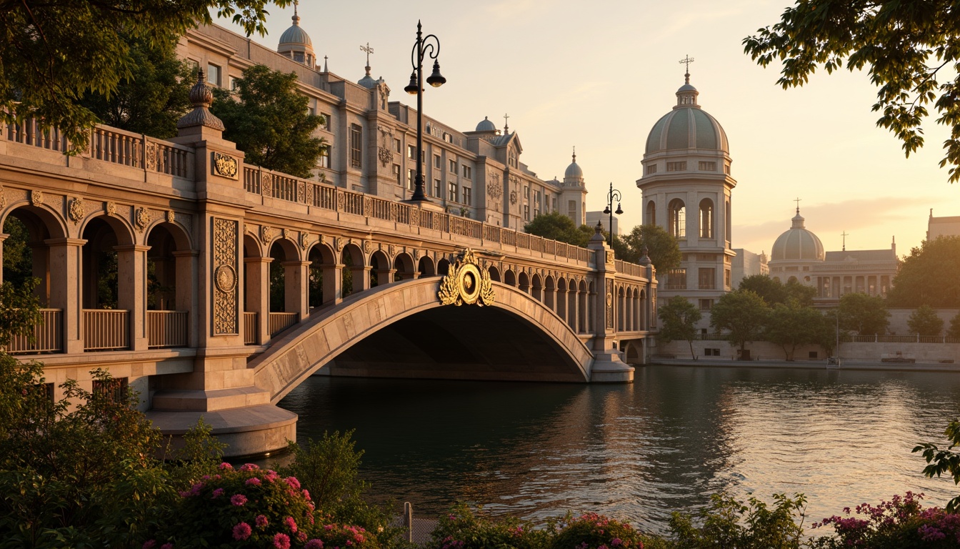 Prompt: Ornate bridge balustrades, grandiose arches, intricate stone carvings, ornamental lamp posts, majestic river views, dramatic sunset lighting, warm golden stone textures, elegant curved lines, lavish decorations, gilded accents, Rococo-inspired ornaments, flowing water patterns, lush greenery, vibrant flower arrangements, soft misty atmosphere, shallow depth of field, 1/2 composition, symmetrical framing, realistic reflections.