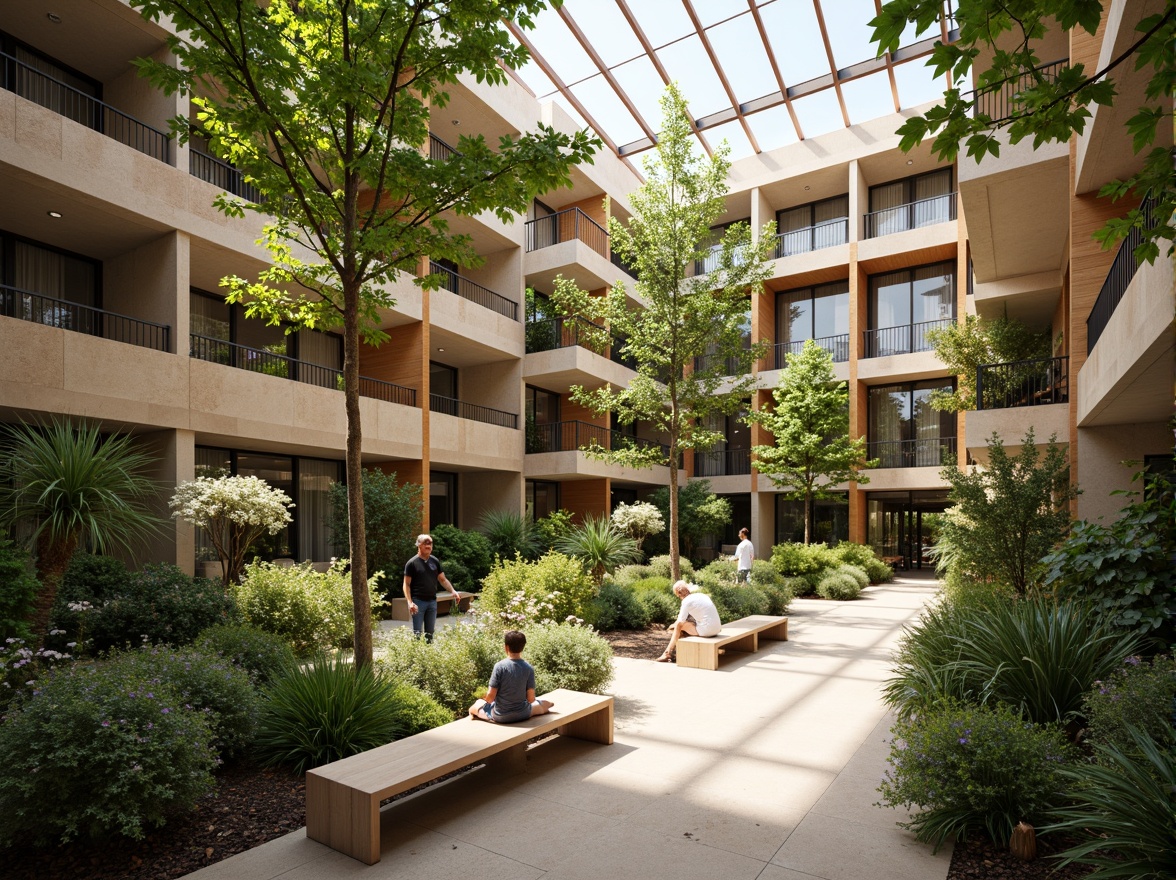 Prompt: Vibrant atrium, lush greenery, natural stone walls, wooden accents, floor-to-ceiling windows, clerestory windows, skylights, open floor plans, minimalist decor, earthy color palette, warm beige tones, soft diffused lighting, indirect sunlight, ambient shadows, 1/1 composition, shallow depth of field, realistic textures, subtle reflections.