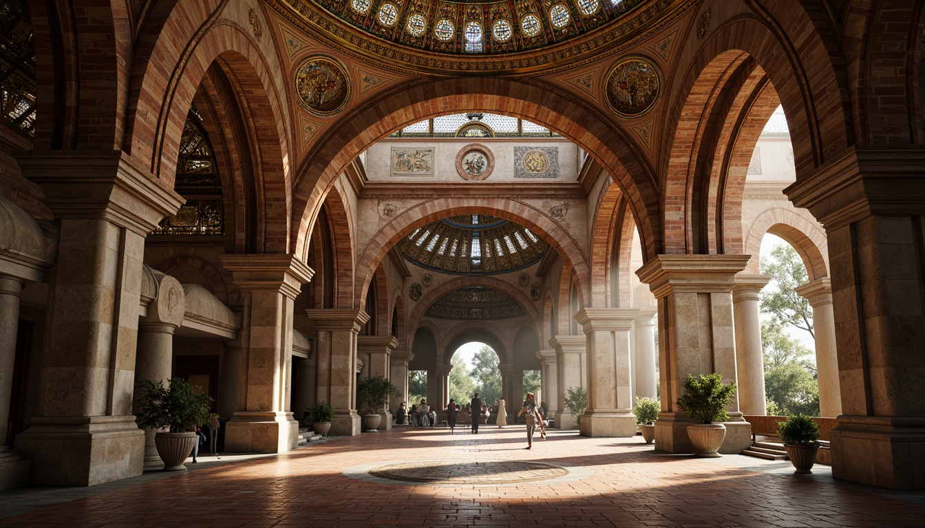 Prompt: Intricate stone carvings, ornate domes, grand archways, vibrant mosaics, golden accents, rustic terracotta tiles, weathered copper roofing, aged stone walls, mystical ambiance, soft warm lighting, dramatic shadows, 1/1 composition, low-angle shot, realistic textures, ambient occlusion.