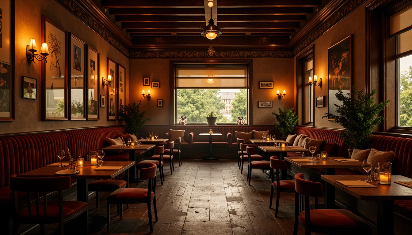 Prompt: Moody restaurant interior, warm golden lighting, soft shadows, dramatic spotlights, rich wood tones, luxurious velvet fabrics, ornate metal fixtures, eclectic art pieces, vintage decorative items, distressed textures, warm color palette, intimate ambiance, low-key illumination, cinematic atmosphere, 1/2 composition, shallow depth of field, realistic reflections, ambient occlusion.