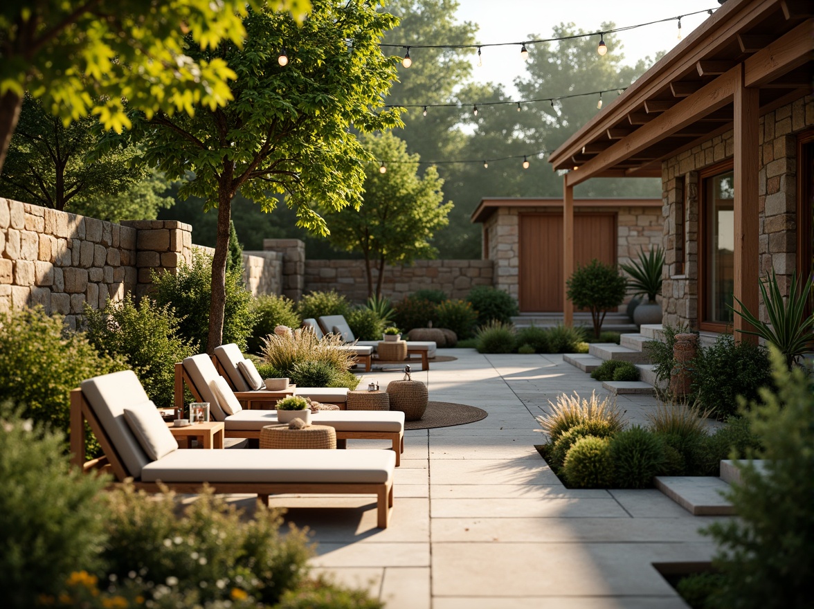 Prompt: Cozy patio, lush greenery, vibrant flowers, comfortable seating areas, wooden benches, rustic stone walls, warm string lights, soft cushions, natural textiles, earthy color palette, serene ambiance, gentle breeze, sunny afternoon, shallow depth of field, 3/4 composition, panoramic view, realistic textures, ambient occlusion.