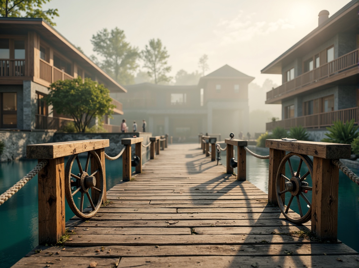 Prompt: Weathered wooden docks, rustic nautical ropes, vintage boat wheels, distressed metal lanterns, soft misty mornings, serene lake reflections, natural stone foundations, earthy brown wood accents, sky blue water hues, creamy white sailcloth textures, warm golden lighting, shallow depth of field, 1/1 composition, realistic wood grain details, ambient occlusion.