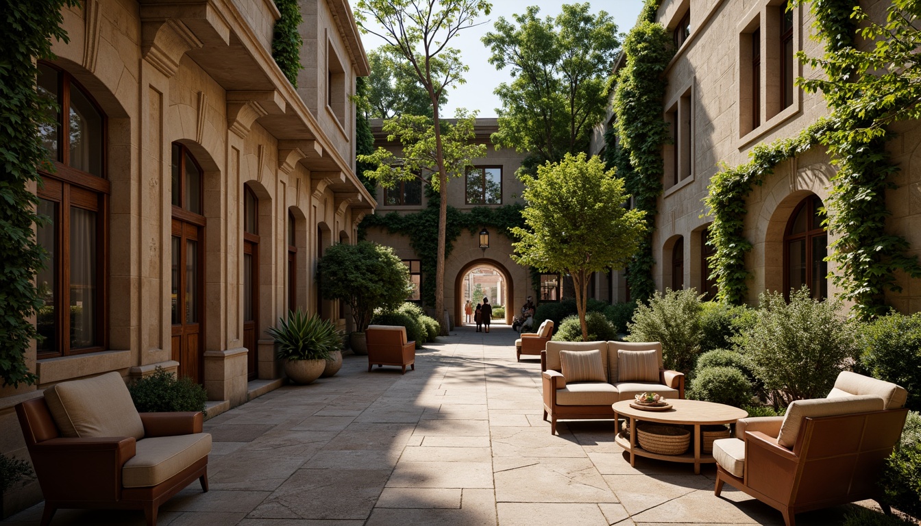 Prompt: Traditional university buildings, ivy-covered walls, ornate stone carvings, rich wood tones, warm beige stucco, classic columns, elegant archways, sophisticated neutral colors, earthy brown furniture, vintage leather-bound books, subtle golden accents, soft natural lighting, shallow depth of field, 1/1 composition, realistic textures, ambient occlusion.