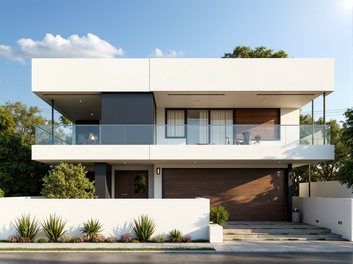 Prompt: Geometric villa facade, rectangular forms, clean lines, minimal ornamentation, functional simplicity, white stucco walls, large windows, horizontal bands, steel frames, cantilevered roofs, asymmetrical compositions, bold color accents, industrial materials, urban landscape, sunny day, high contrast lighting, deep depth of field, 2/3 composition, architectural photography, realistic textures, ambient occlusion.