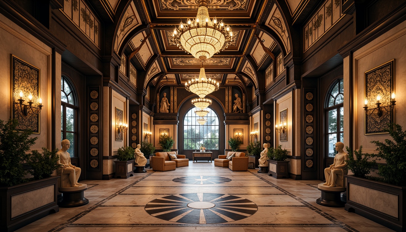 Prompt: Intricate geometric patterns, ornate metalwork, luxurious marble surfaces, grandiose statues, symmetrical compositions, opulent chandeliers, lavish mosaics, bold typography, stylized florals, zigzag motifs, chevron designs, sunburst patterns, metallic accents, polished chrome details, rich jewel tones, dramatic lighting effects, low-angle photography, cinematic atmosphere, high-contrast rendering, detailed textures, realistic reflections.