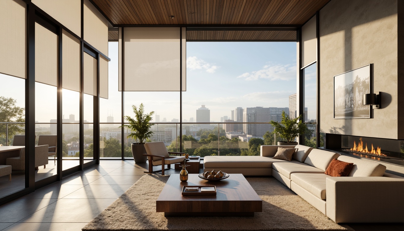 Prompt: Minimalist living room, floor-to-ceiling windows, sleek metal frames, automated blinds, solar shades, thermal insulation, energy-efficient glazing, soundproofing technology, urban cityscape views, morning sunlight, soft warm lighting, shallow depth of field, 3/4 composition, panoramic view, realistic textures, ambient occlusion, modern interior design, luxurious fabrics, subtle patterns, metallic accents.