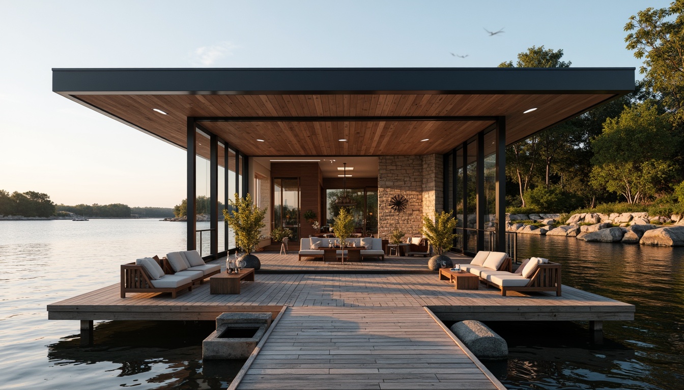 Prompt: Waterfront boathouse, rustic wooden dock, serene lake views, modern fenestration design, floor-to-ceiling windows, sliding glass doors, minimalist metal frames, reflective water-inspired fa\u00e7ade, natural stone walls, reclaimed wood accents, nautical-themed decor, cozy interior spaces, warm ambient lighting, shallow depth of field, 1/1 composition, realistic textures, soft focus effect.