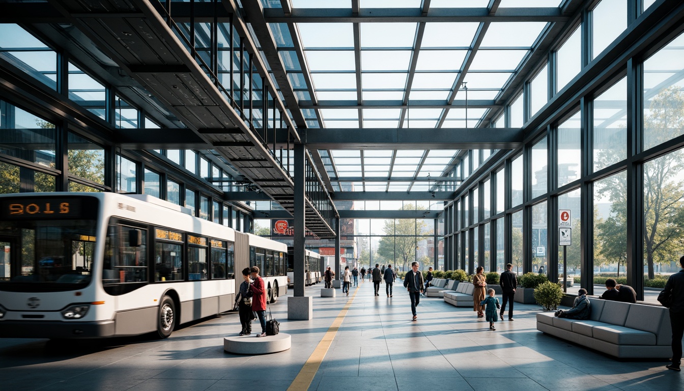 Prompt: Modern bus station interior, sleek metal framework, glass roofs, natural light pouring in, efficient passenger flow, clear signage, digital displays, comfortable seating areas, ample legroom, charging stations, minimalist decor, industrial-style flooring, urban atmosphere, busy morning commute, soft overhead lighting, shallow depth of field, 1/1 composition, realistic textures, ambient occlusion.