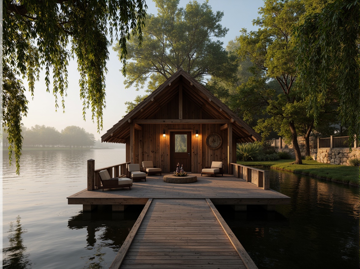 Prompt: Rustic boathouse, wooden dock, serene lakefront, lush greenery, overhanging trees, natural stone walls, weathered wood accents, nautical ropes, lantern-style lighting, warm golden tones, soft misty atmosphere, shallow depth of field, 1/1 composition, symmetrical framing, realistic water reflections, ambient occlusion.