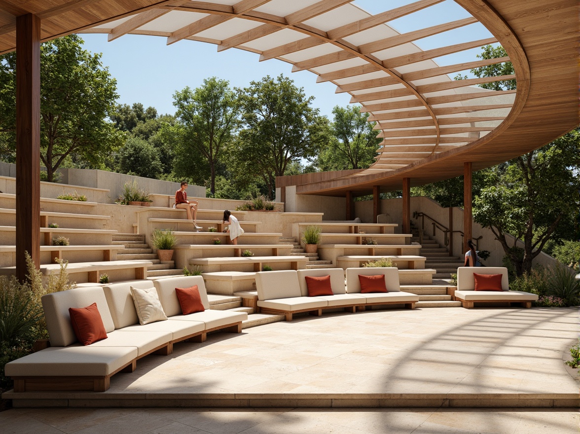 Prompt: Amphitheater seating area, minimalist design, sleek metal frames, curved rows, stepped platforms, wooden benches, comfortable cushions, subtle lighting, warm beige tones, natural stone flooring, modern architecture, open-air atmosphere, lush greenery surroundings, sunny day, soft warm lighting, shallow depth of field, 3/4 composition, panoramic view, realistic textures, ambient occlusion.