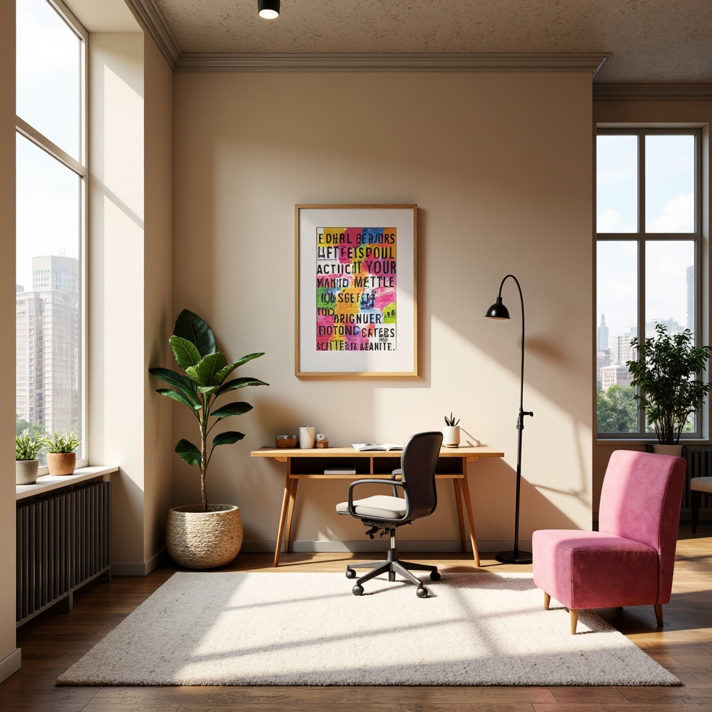 Prompt: Vibrant design studio, modern minimalist interior, sleek wooden desk, ergonomic chair, colorful artwork, inspirational quotes, natural light pouring in, large windows, urban cityscape view, warm beige walls, rich brown furniture, pastel pink accents, creamy white textures, bold typography, geometric patterns, abstract shapes, soft focus, shallow depth of field, 1/1 composition, realistic rendering, ambient occlusion.