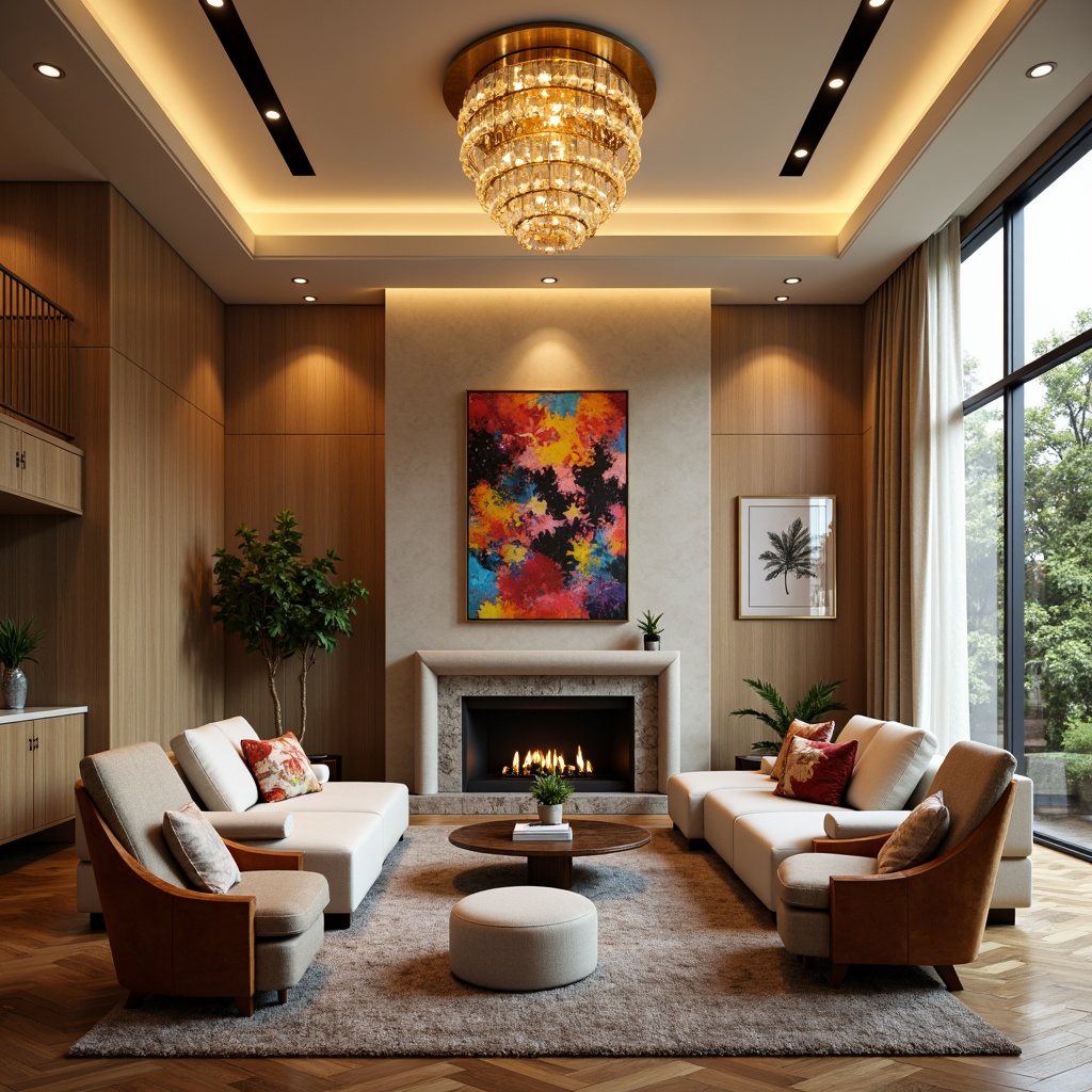 Prompt: Cozy living room, plush sofas, velvet armchairs, warm beige walls, rich wood flooring, soft golden lighting, elegant chandeliers, modern minimalist decor, vibrant colorful artwork, comfortable throw pillows, luxurious rugs, floor-to-ceiling windows, natural stone fireplaces, sleek metal accents, sophisticated color palette, 1/1 composition, shallow depth of field, realistic textures.