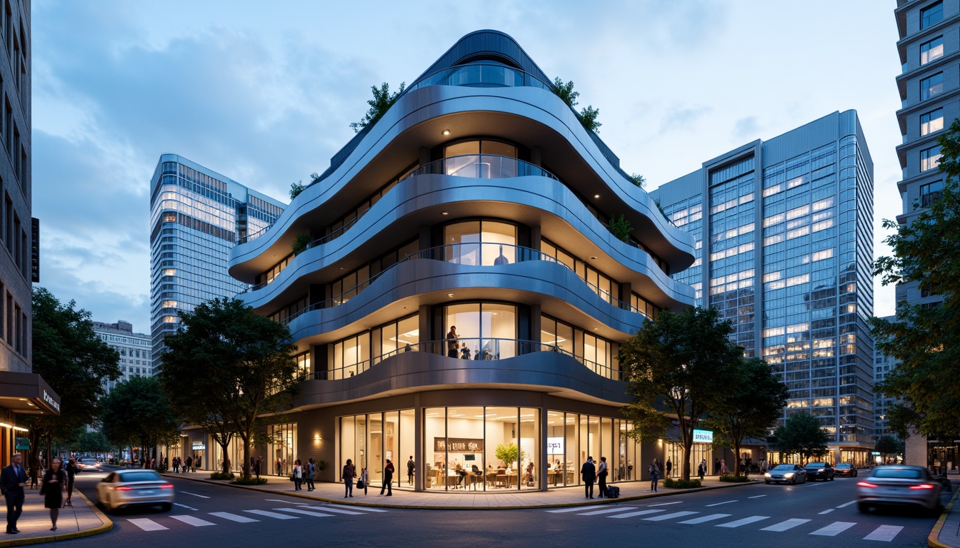 Prompt: Curved building facade, metallic materials, polished chrome accents, horizontal lines, rounded corners, minimalist ornamentation, large glass windows, sliding doors, cantilevered balconies, urban cityscape, busy streets, modern skyscrapers, cloudy blue sky, soft natural light, shallow depth of field, 2/3 composition, symmetrical framing, high-contrast lighting, detailed textures, ambient occlusion.