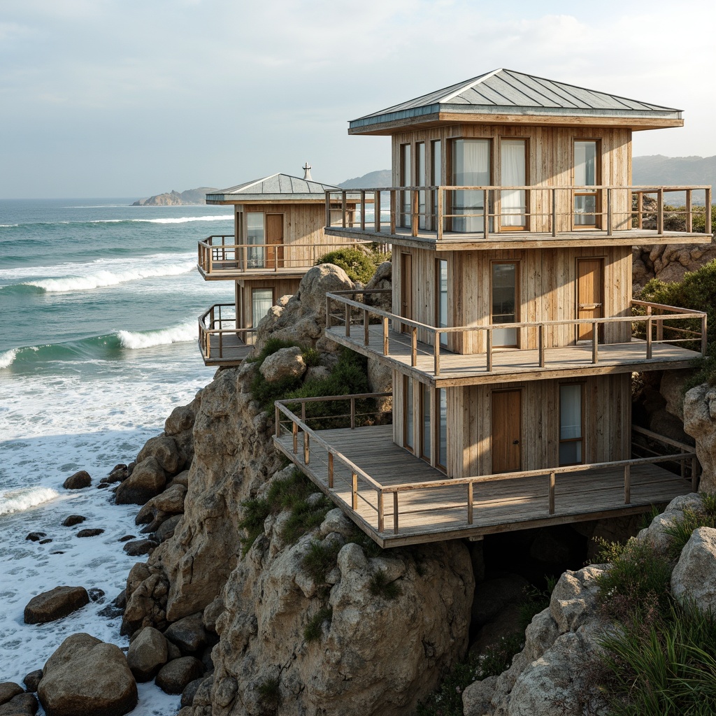 Prompt: Rustic coastal watching towers, weathered wooden planks, driftwood accents, galvanized steel railings, nautical rope details, ocean-inspired color palette, sandy beige tones, sea-salt sprayed glass windows, distressed metal roofs, natural stone foundations, rugged cliffside settings, crashing waves, salty sea air, warm sunlight, soft focus, shallow depth of field, 1/2 composition, atmospheric perspective, realistic textures, ambient occlusion.