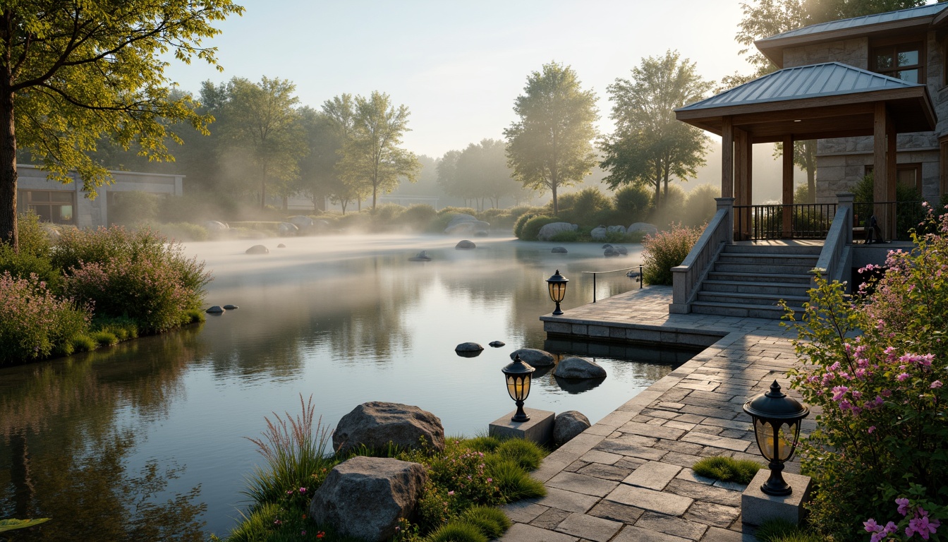 Prompt: Soft misty lake, serene water reflections, lush greenery, vibrant flowers, rustic wooden docks, weathered stone walls, charming gazebos, ornate metal railings, whimsical lanterns, warm golden lighting, shallow depth of field, 3/4 composition, panoramic view, realistic textures, ambient occlusion, earthy tone color palette, moss-covered stones, driftwood accents, soft blue-grey hues, creamy whites, warm beige tones, natural stone pathways, meandering boardwalks, tranquil atmosphere.