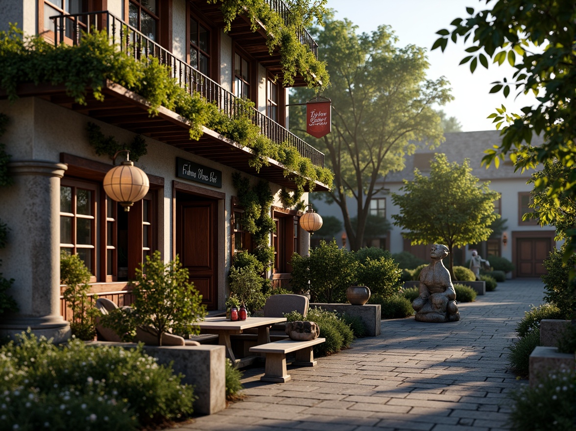 Prompt: Rustic pub exterior, ornate Baroque-style fa\u00e7ade, lush greenery, overflowing flower boxes, distressed wooden accents, vintage lanterns, meandering stone pathways, natural rock formations, moss-covered statues, whimsical topiaries, soft warm lighting, golden hour ambiance, shallow depth of field, 1/2 composition, intimate atmosphere, realistic textures, ambient occlusion.