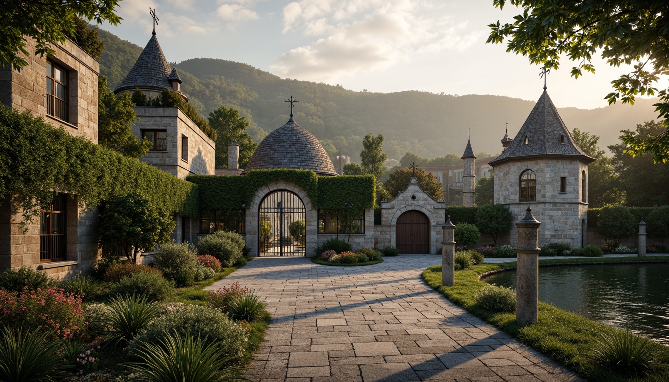 Prompt: Rustic stone walls, ivy-covered facades, grand entrance gates, ornate ironwork, stained glass windows, turrets and towers, asymmetrical compositions, natural stone pathways, lush greenery, blooming flowers, misty morning atmosphere, soft warm lighting, shallow depth of field, 3/4 composition, panoramic view, realistic textures, ambient occlusion, rolling hills, serene lakeside, vintage street lamps, meandering walkways, whimsical water features.