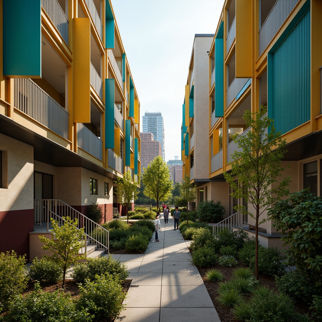 Prompt: Vibrant social housing complex, warm earthy tones, rich turquoise accents, bold yellow highlights, soft creamy whites, industrial metal frames, exposed concrete walls, modern minimalist architecture, urban cityscape backdrop, bustling community atmosphere, natural light pouring in, shallow depth of field, 1/1 composition, cinematic color grading, realistic textures, ambient occlusion.