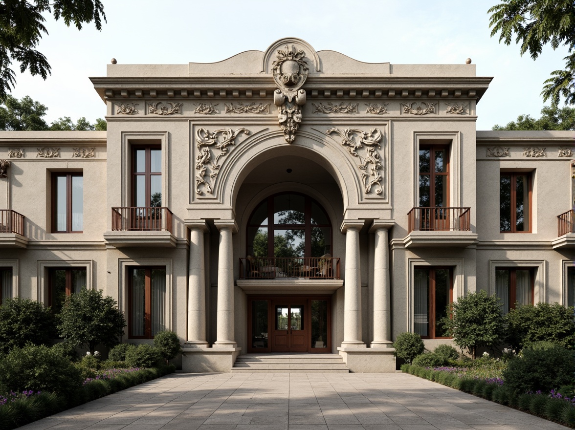 Prompt: Grandiose classical facade, ornate columns, intricately carved details, symmetrical composition, majestic entrance, sweeping arches, rusticated stone walls, ornamental balconies, decorative cornices, grand pediments, imposing scale, subtle color palette, soft natural lighting, shallow depth of field, 2/3 composition, realistic textures, ambient occlusion.