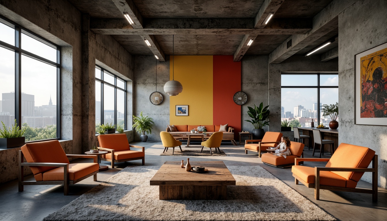 Prompt: Exposed concrete walls, industrial metal beams, rough stone floors, distressed wood accents, urban cityscape views, modern minimalist furniture, bold color blocking, deep charcoal grey, rich earthy brown, vibrant pops of orange, yellow, and red, raw unfinished textures, dramatic high ceilings, functional industrial lighting, moody atmospheric shadows, cinematic wide-angle shots, 1/1 composition, low-key lighting, gritty realistic renderings.