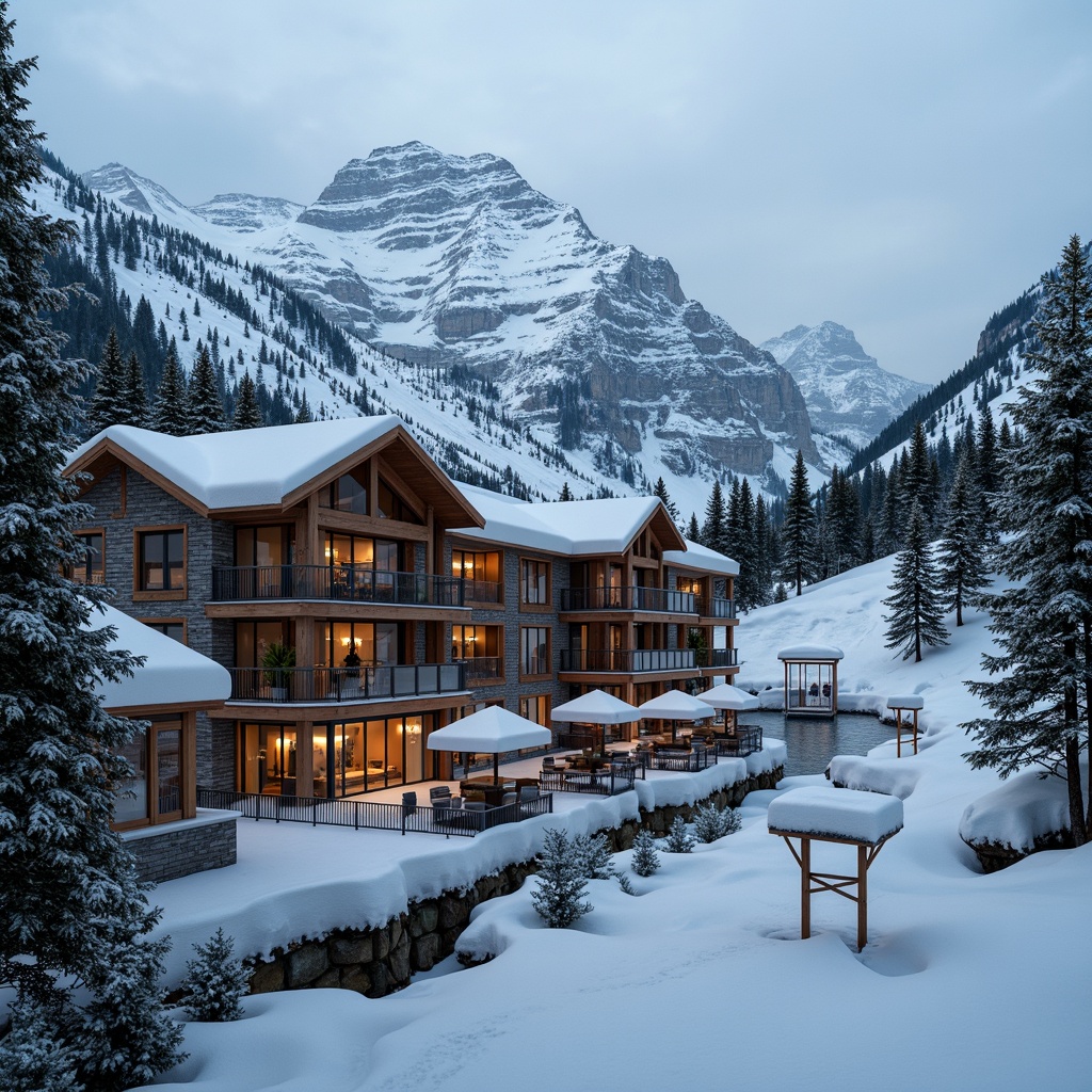 Prompt: Snow-capped mountains, wooden ski lodges, rustic stone walls, warm fireplaces, cozy interior lighting, natural wood accents, earthy tone color palette, rugged concrete foundations, metallic ski lifts, frozen lakes, snow-covered trees, frosty mornings, soft powdery snow, misty atmosphere, shallow depth of field, 1/2 composition, realistic textures, ambient occlusion.