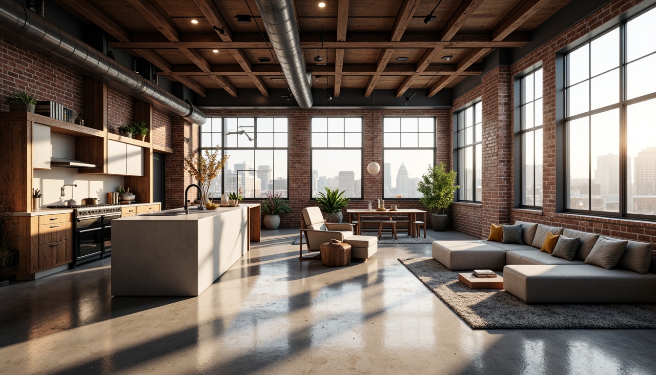 Prompt: Industrial chic loft, exposed brick walls, metal beams, polished concrete floors, minimalist decor, open floor plan, spacious living area, floor-to-ceiling windows, natural light pouring in, urban cityscape views, modern kitchen island, high-gloss countertops, stainless steel appliances, cozy reading nook, plush sectional sofa, industrial-style lighting fixtures, reclaimed wood accents, airy atmosphere, soft warm glow, shallow depth of field, 2/3 composition, realistic textures, ambient occlusion.