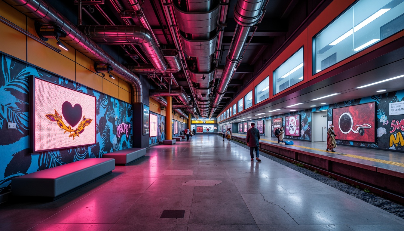 Prompt: Vibrant metro station, eclectic interior design, futuristic architecture, neon lights, metallic accents, industrial chic, exposed ductwork, polished concrete floors, geometric patterns, bold color schemes, dynamic LED installations, urban graffiti, modern art pieces, sleek benches, minimalist signage, atmospheric lighting, shallow depth of field, 1/1 composition, realistic textures, ambient occlusion.