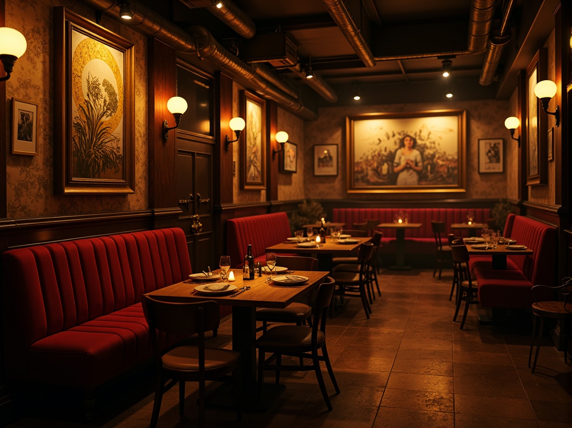 Prompt: Moody restaurant interior, warm golden lighting, soft shadows, dramatic spotlights, rich wood tones, luxurious velvet fabrics, ornate metal fixtures, eclectic art pieces, vintage decorative items, distressed textures, warm color palette, intimate ambiance, low-key illumination, cinematic atmosphere, 1/2 composition, shallow depth of field, realistic reflections, ambient occlusion.