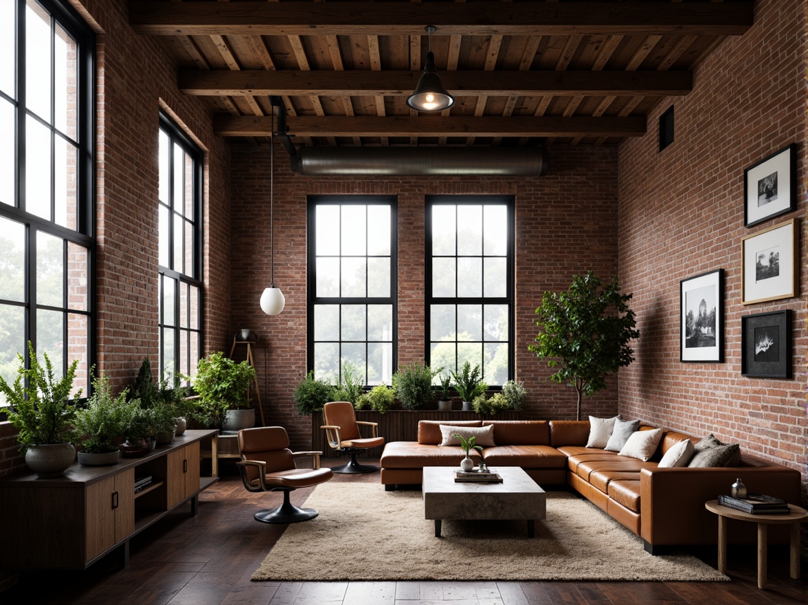 Prompt: Exposed brick walls, industrial metal beams, reclaimed wood accents, minimalist decor, urban loft atmosphere, soft warm glow, pendant lamps, floor-to-ceiling windows, natural light pouring in, cozy reading nooks, comfortable sectional sofas, modern art pieces, eclectic vintage furniture, distressed leather armchairs, rich textiles, moody color palette, dramatic shadows, high contrast lighting, 1/1 composition, cinematic mood, realistic renderings.