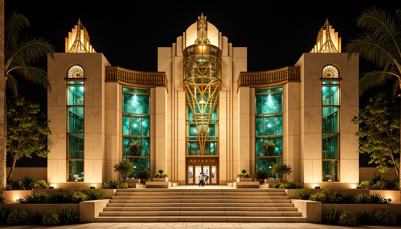 Prompt: Opulent Art Deco monument, lavish gold accents, rich bronze tones, luxurious marble surfaces, vibrant turquoise mosaics, bold geometric patterns, ornate metalwork details, sunburst motifs, stylized floral designs, metallic silver highlights, creamy ivory hues, warm beige stone textures, dramatic nighttime illumination, soft golden lighting, shallow depth of field, 1/1 composition, symmetrical framing, high-contrast rendering.