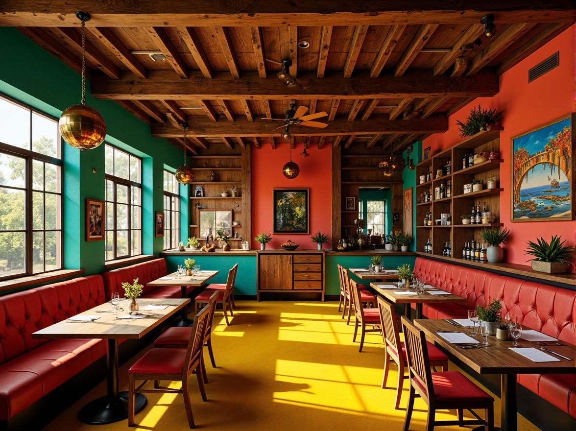 Prompt: Vibrant restaurant interior, expressionist art style, bold color palette, warm golden lighting, rich wood accents, eclectic furniture, abstract artwork, geometric patterns, bright coral walls, deep turquoise ceilings, sunny yellow floors, distressed metal decorations, reclaimed wood textures, industrial chic atmosphere, dramatic shadows, high contrast ratio, 1/2 composition, cinematic lighting, realistic reflections.