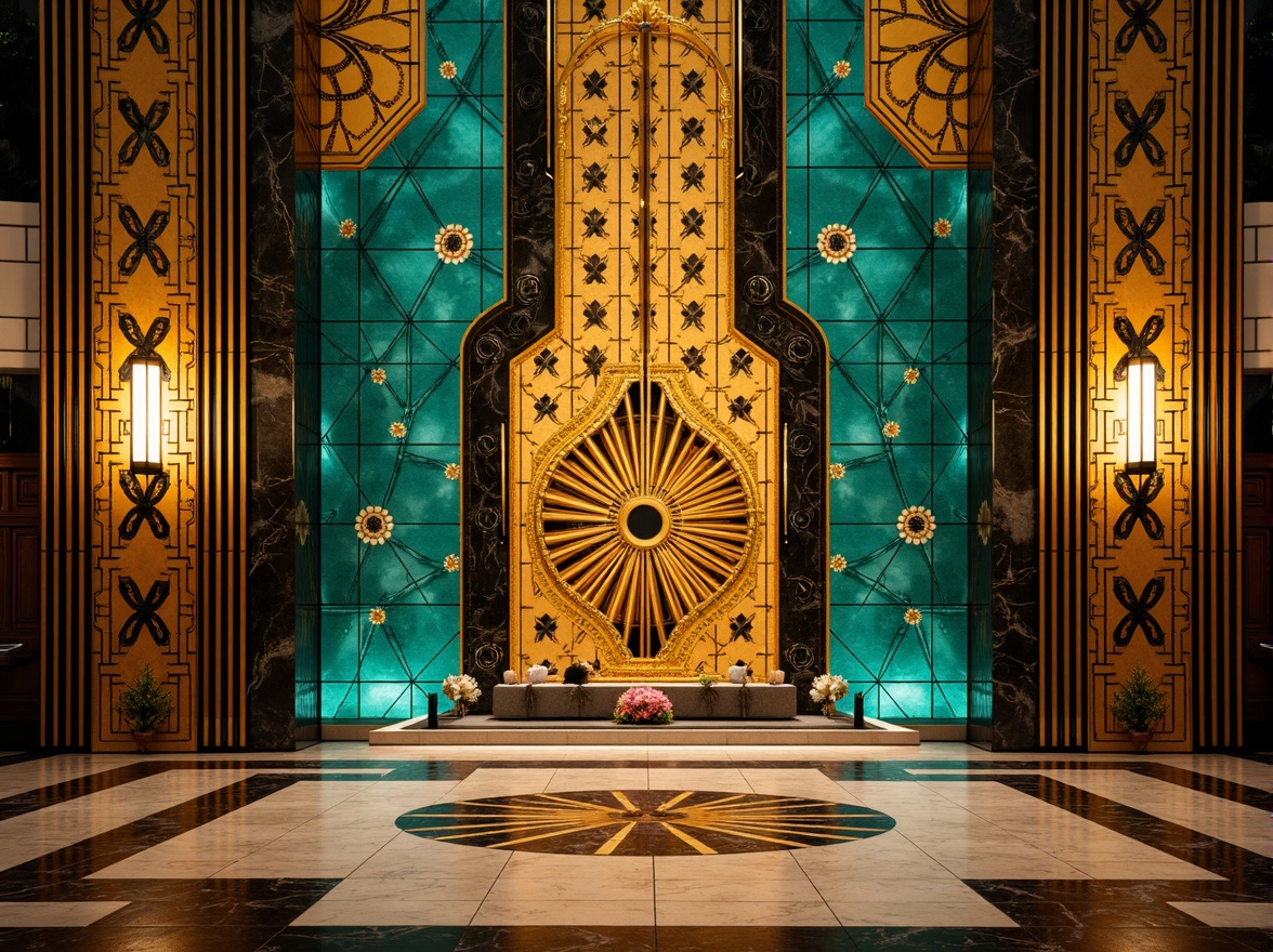 Prompt: Opulent Art Deco monument, lavish golden accents, rich bronze tones, vibrant turquoise mosaics, geometric patterns, ornate metalwork, luxurious marble surfaces, bold black outlines, stylized floral motifs, sunburst designs, zigzag patterns, metallic sheen, warm ambient lighting, shallow depth of field, 1/1 composition, symmetrical framing, high-contrast colors, intricate textures, realistic reflections.