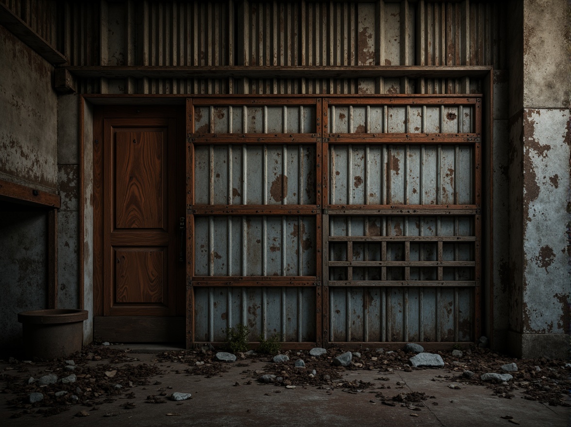 Prompt: Rustic industrial setting, corrugated metal walls, weathered steel surfaces, distressed finishes, metallic sheen, rugged textures, worn edges, bolted seams, mechanical details, urban decay, abandoned factories, old warehouses, dimly lit atmosphere, high contrast lighting, dramatic shadows, 1/1 composition, close-up shot, realistic reflections, ambient occlusion.