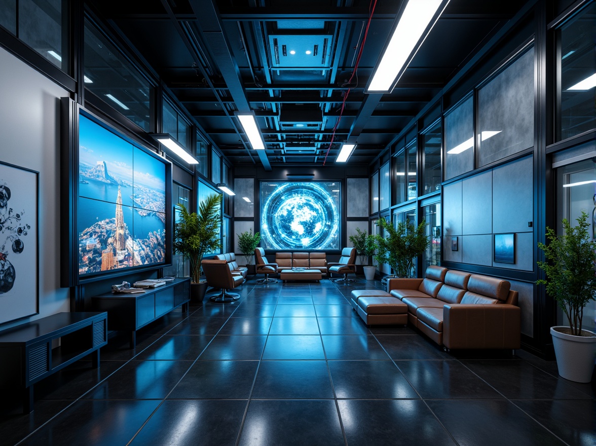 Prompt: Futuristic interior space, high-tech gadgets, sleek metal accents, minimalist decor, neon-lit ambiance, dark polished floors, glass partitions, modular furniture, ergonomic chairs, interactive displays, virtual reality zones, ambient LED lighting, 3D holographic projections, futuristic sound systems, acoustic panels, smart home automation, voice-controlled interfaces, geometric patterns, metallic textures, cold color palette, shallow depth of field, 1/1 composition, realistic reflections.