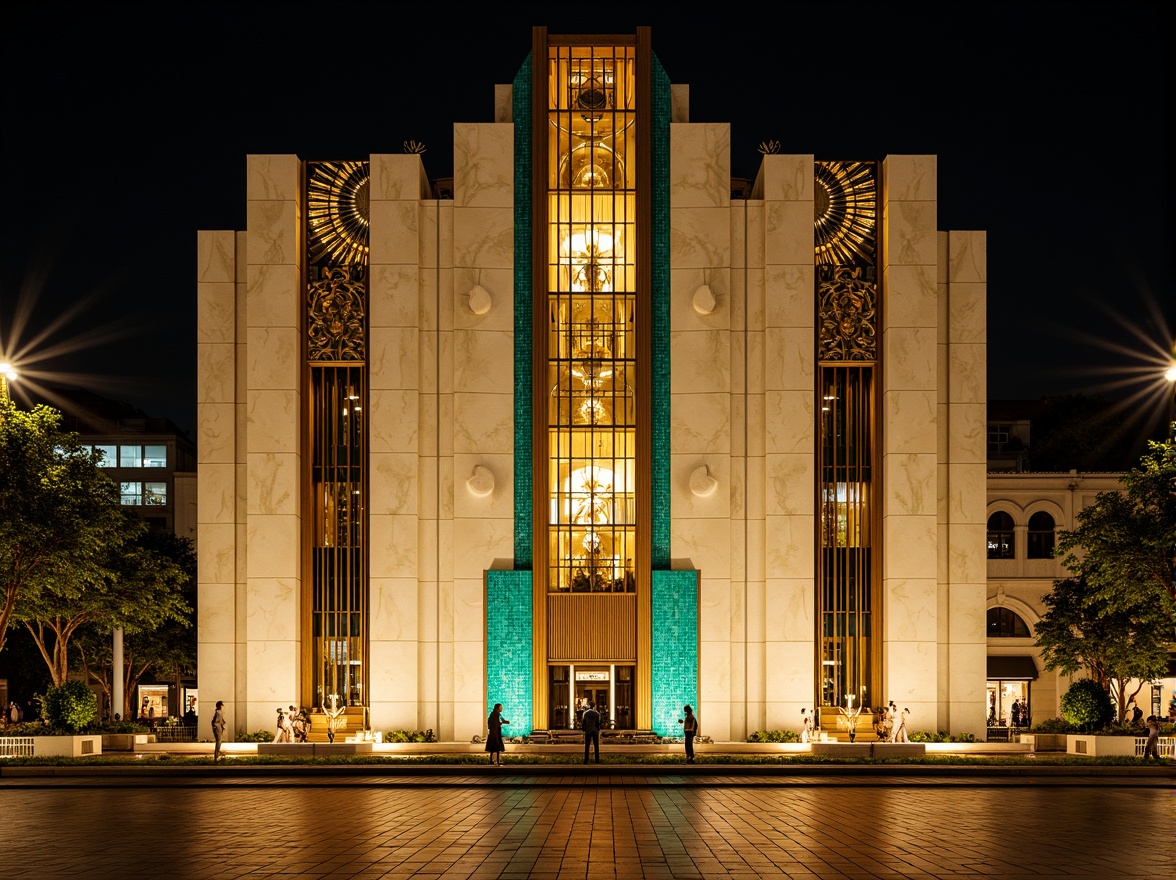 Prompt: Opulent Art Deco monument, lavish gold accents, rich bronze tones, luxurious marble surfaces, vibrant turquoise mosaics, bold geometric patterns, ornate metalwork details, sunburst motifs, stylized floral designs, metallic silver highlights, creamy ivory hues, warm beige stone textures, dramatic nighttime illumination, soft golden lighting, shallow depth of field, 1/1 composition, symmetrical framing, high-contrast rendering.