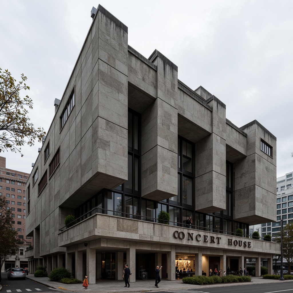 Prompt: Rugged concert house facade, brutalist architecture style, raw concrete textures, fortress-like structure, asymmetrical composition, dramatic cantilevered roofs, industrial metal accents, bold geometric shapes, minimalist ornamentation, urban cityscape background, overcast sky, high-contrast lighting, deep shadows, 1/2 composition, low-angle shot, gritty realistic rendering, ambient occlusion.