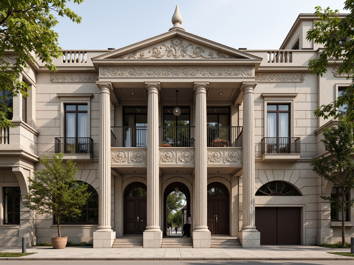 Prompt: Grandiose classical facade, ornate columns, intricately carved details, symmetrical composition, majestic entrance, sweeping arches, rusticated stone walls, ornamental balconies, decorative cornices, grand pediments, imposing scale, subtle color palette, soft natural lighting, shallow depth of field, 2/3 composition, realistic textures, ambient occlusion.