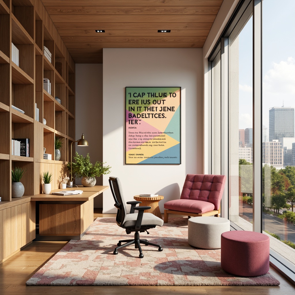 Prompt: Vibrant design studio, modern minimalist interior, sleek wooden desk, ergonomic chair, colorful artwork, inspirational quotes, natural light pouring in, large windows, urban cityscape view, warm beige walls, rich brown furniture, pastel pink accents, creamy white textures, bold typography, geometric patterns, subtle gradient effects, soft focus, shallow depth of field, 1/1 composition, realistic rendering, ambient occlusion.