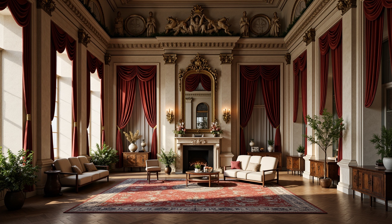 Prompt: Ornate classical columns, intricately carved marble facades, ornamental stone statues, lavish velvet drapes, gilded frame mirrors, richly patterned rugs, luxurious silk fabrics, antique furniture pieces, distressed wooden accents, vintage bronze hardware, soft warm lighting, shallow depth of field, 1/1 composition, realistic textures, ambient occlusion.