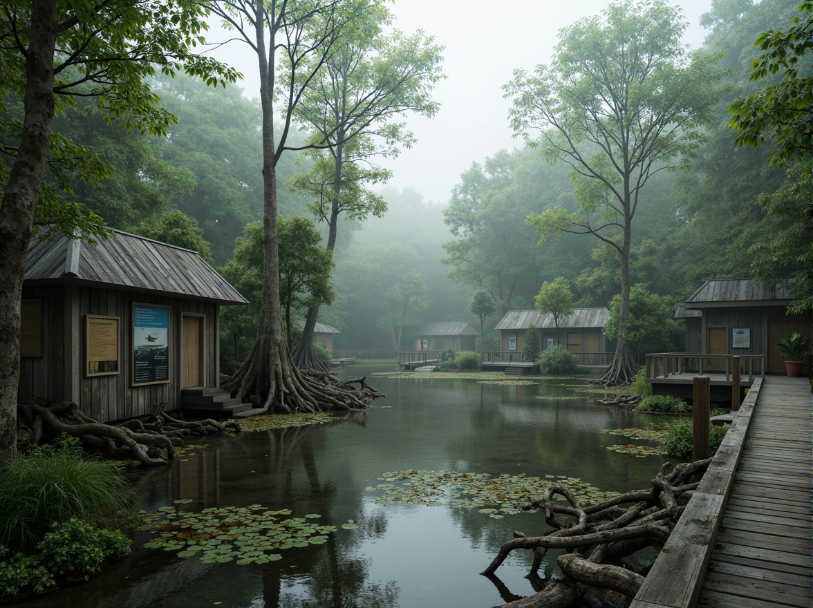 Prompt: Misty wetlands, lush vegetation, twisted mangrove roots, murky waters, wooden boardwalks, observation decks, native aquatic plants, water lilies, cattails, birdwatching stations, nature trails, rustic signage, weathered wood textures, soft diffused lighting, shallow depth of field, 1/1 composition, serene atmosphere, realistic water effects, ambient occlusion.