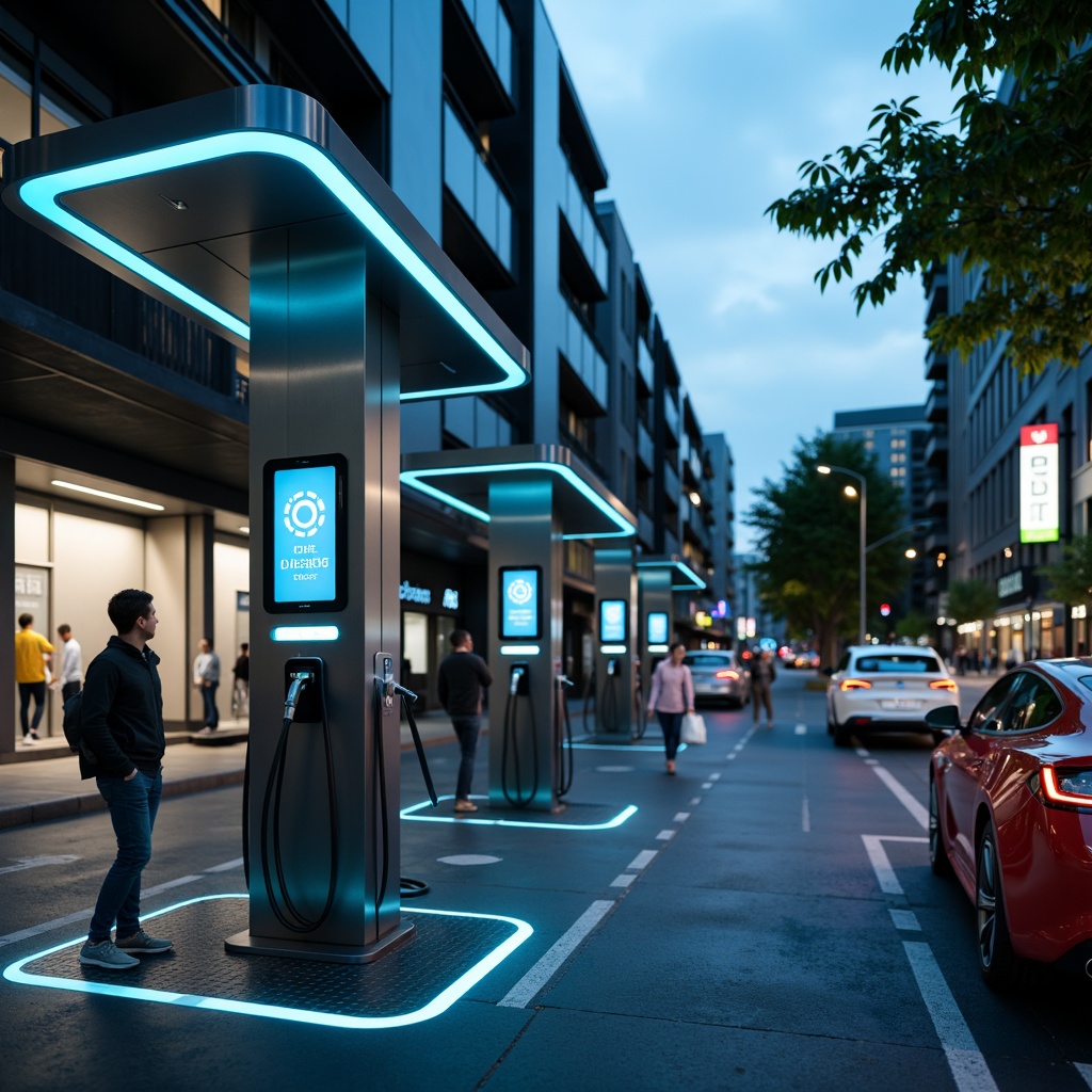 Prompt: Modern charging station, sleek metal design, neon blue accents, LED lighting strips, futuristic architecture, urban cityscape, busy streets, electric vehicle parking, green energy branding, eco-friendly logo, minimalist typography, clean lines, geometric shapes, vibrant color scheme, contrasting tones, high-tech atmosphere, dynamic lighting effects, shallow depth of field, 1/1 composition, realistic textures, ambient occlusion.