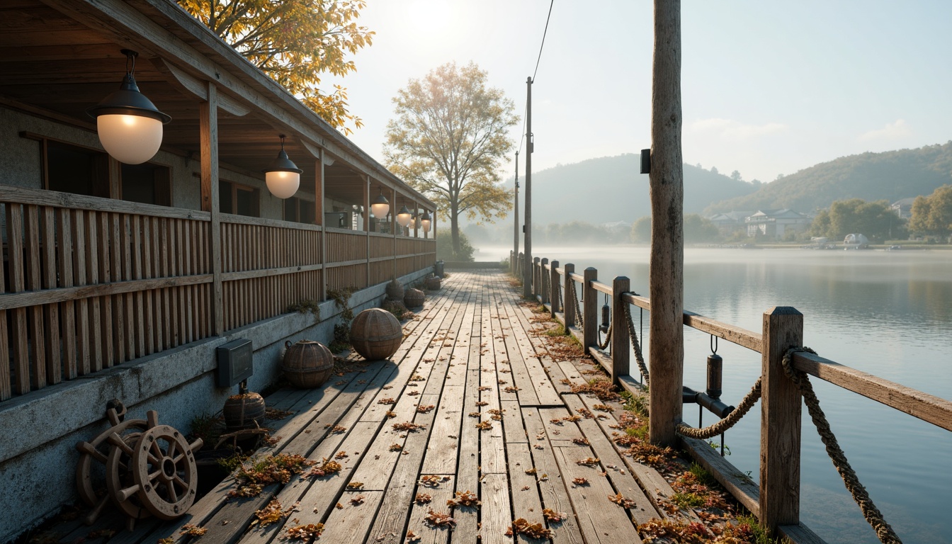 Prompt: Weathered wooden docks, rustic nautical ropes, vintage boat wheels, distressed metal lanterns, soft misty mornings, serene lake reflections, natural stone foundations, earthy brown wood accents, sky blue water hues, creamy white sailcloth textures, warm golden lighting, shallow depth of field, 1/1 composition, realistic wood grain details, ambient occlusion.